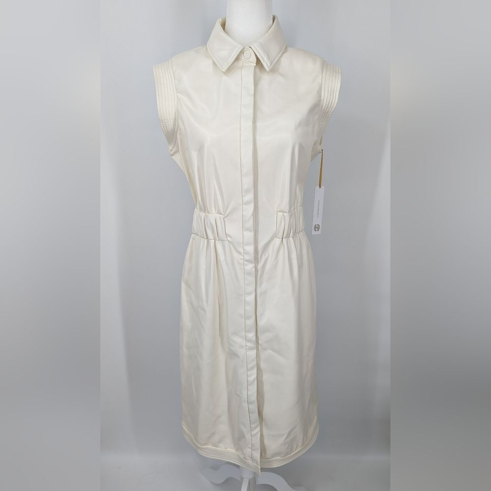 House of Harlow 1960 Cream Vegan Leather Button Up Collared Midi Dress M NWT